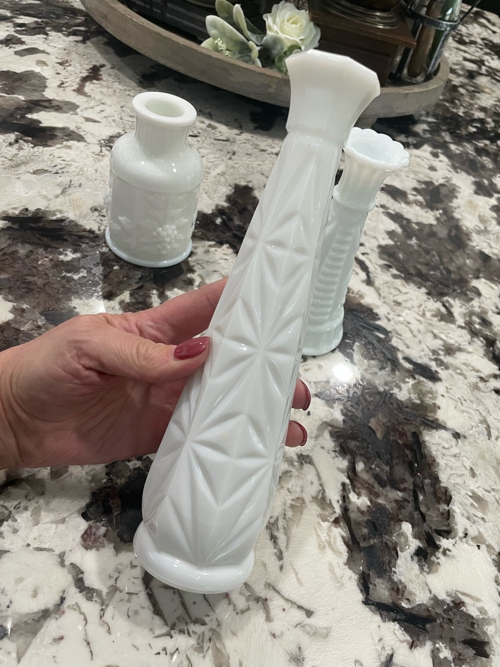 White Milk Glass Decorative Vases  Vintage - Set of 3 9”, 6”, 4.5” - Picture 11 of 12
